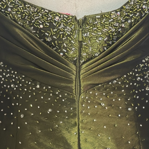 FLIRT Maggie Sottero Olive Green Beaded Dress Gown Prom Dance Formal 6 Train - Picture 7 of 14